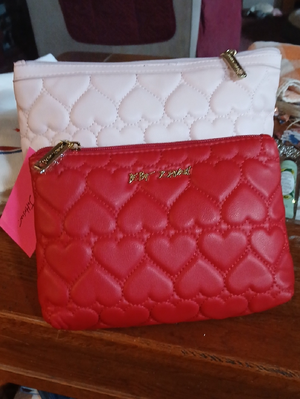 Betsey Johnson Red and Cream Quilted Heart Pouch Duo